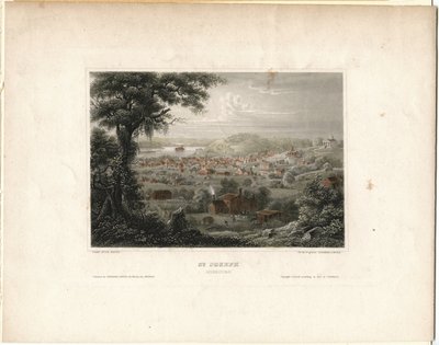 Horizontal steel engraving looking down from a height on a town along a river. There is a steamboat on the river in the background by Unknown